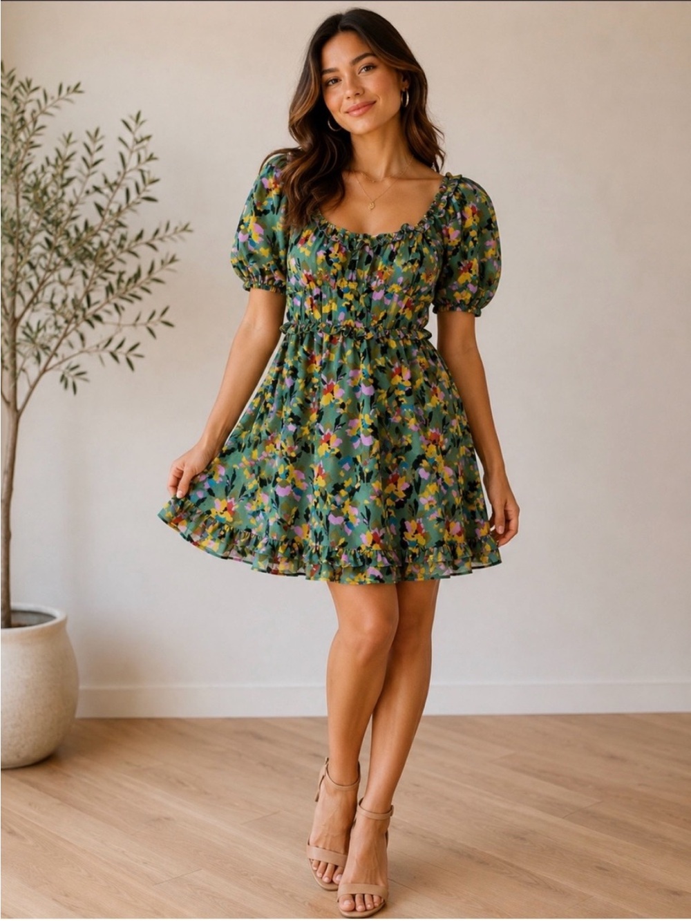 Japna Floral Puff-Sleeve Mini Dress in Green Multicolour